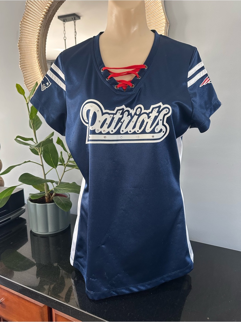 NFL Patriots Girls Navy Lace-Up Football Jersey with Red Accents